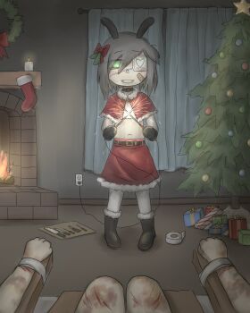 1girl 1other absurdres animal_ears belt belt_collar black_belt black_boots black_gloves boots bow box candle capelet christmas christmas_ornaments christmas_stocking christmas_tree christmas_wreath collar curtains electrical_outlet eyepatch fireplace fur-trimmed_boots fur-trimmed_capelet fur-trimmed_skirt fur_trim gift gift_box gloves green_eyes grey_hair hair_bow heart highres holding indoors knife mentha_(menthalovely) mint_(menthalovely) navel original pov rabbit_ears red_bow red_capelet red_skirt skirt sparks tape teeth torture torture_instruments wreath