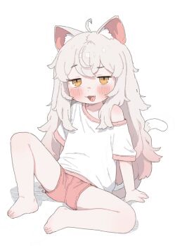 1girl absurdres animal_ears arm_support cat_ears cat_girl cat_tail commentary_request highres kommy_(trickcal) looking_at_viewer messy_hair possummachine shorts simple_background spread_legs tagme tail trickcal white_background yellow_eyes