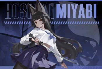 1girl animal_ear_fluff animal_ears black_hair black_pantyhose blue_background blue_bow blue_skirt blunt_bangs bow breasts character_name chest_bow closed_mouth commentary cowboy_shot crop_top crop_top_overhang english_commentary fox_ears fox_girl holding holding_sword holding_weapon hoshimi_miyabi katana large_breasts long_hair looking_to_the_side mashaer moon pantyhose red_eyes school_uniform shirt skirt solo sword weapon white_shirt zenless_zone_zero