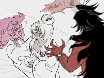 Rule 34 | 1boy, 2girls, black eyes, black hair, burning spice cookie, colored skin, cookie run, cookie run: kingdom, eternal sugar cookie, hair bun, highres, jugenxiannu196, long hair, multiple girls, muscular, muscular male, mystic flour cookie, pale skin, pink eyes, pink hair, pink skin, red skin, toned, toned male, very long hair, white hair