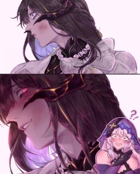 !? 2girls bare_shoulders black_gloves black_hair black_swan_(honkai:_star_rail) blush cerii15 commentary demon_girl demon_horns dress english_commentary gloves glowing glowing_eyes highres honkai:_star_rail honkai_(series) horns kiss masochism meme mole mole_under_eye multiple_girls purple_dress purple_eyes purple_hair purple_veil red_eyes simple_background slap_mark slap_mark_on_face slapping surprised the_dahlia_(honkai:_star_rail) veil white_background white_dress wide-eyed yellow_eyes yuri