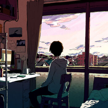 1boy bed bedroom black_hair building chair cloud commentary_request computer cup curtains desk from_behind hood hood_down hoodie indoors looking_afar monitor notes on_chair original pants shade short_hair sitting sky slice_of_life solo sticky_note twilight window windowsill yuroy_kawano