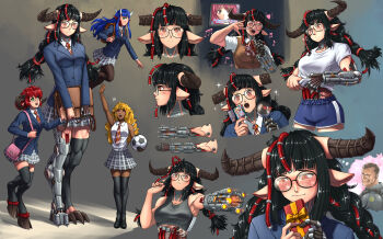 1boy 4girls ;d \m/ animal_ears animification arm_cannon arm_up backpack bag ball bare_arms baron_of_hell black-framed_eyewear black_hair black_pantyhose black_thighhighs blonde_hair blue_hair blue_jacket blue_shorts blunt_bangs blush box bra braid breasts brown_eyes cacodemon commentary cow_ears cyberdemon cyborg dark-skinned_female dark_skin demon_girl dolphin_shorts doom_(series) doom_eternal english_commentary fangs fangs_out floating freckles giant giantess gift gift_box glasses green_eyes grey_bra highres holding holding_bag holding_magnifying_glass hooves horns imp_(doom) jacket karaoke large_breasts long_hair long_sleeves magnifying_glass mechanical_arms mechanical_legs monster_girl multiple_girls multiple_views musical_note necktie one_eye_closed open_mouth pantyhose personification plaid_clothes plaid_necktie plaid_skirt red_eyes red_hair shirt short_hair short_sleeves shorts shoulder_bag shoulder_spikes single_mechanical_arm single_mechanical_leg skirt sleeveless sleeveless_shirt smile soccer_ball sparkle spikes sports_bra substance20 thighhighs twin_braids underwear weapon white_shirt