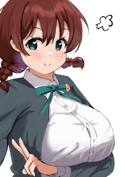 Rule 34 | absurdres, aqua eyes, arm under breasts, blush, breast rest, breasts, brown hair, button gap, carried breast rest, carrying, closed mouth, collared shirt, commentary request, emma verde, freckles, grey jacket, heart, heart-shaped pupils, highres, jacket, large breasts, long sleeves, looking at viewer, love live!, love live! nijigasaki high school idol club, low twintails, nijigasaki school uniform, pisagi, school uniform, shirt, short twintails, simple background, smile, smug, symbol-shaped pupils, twintails, upper body, v, white background, white shirt