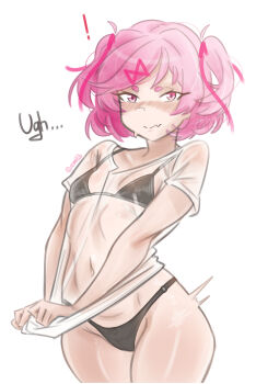 ! 1girl absurdres adjusting_clothes artist_name bikini bikini_under_clothes black_bikini blush bob_cut breasts closed_mouth commentary covered_navel cowboy_shot doki_doki_literature_club embarrassed emiillb english_commentary english_text fang groin hair_ornament highres light_smile looking_at_viewer loose_hair_strand messy_hair motion_blur natsuki_(doki_doki_literature_club) navel nose_blush pink_eyes pink_hair see-through_clothes see-through_shirt shiny_skin shirt shirt_tug short_eyebrows short_hair short_sleeves signature simple_background skin_fang small_breasts smile solo standing string_bikini swept_bangs swimsuit thick_eyebrows twitter_username two_side_up v_arms wet wet_clothes wet_shirt white_background x_hair_ornament