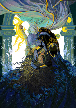 Rule 34 | 1boy, 1girl, absurdres, black nails, bow, charlotte elbourne, closed eyes, commentary, couple, dress, earrings, english commentary, fi-n-ona, floral print, hair bow, hair jewelry, highres, jewelry, leaf print, long dress, long hair, meier link, plant print, pointy ears, stone pillar, stud earrings, vampire, vampire hunter d, vampire hunter d: bloodlust