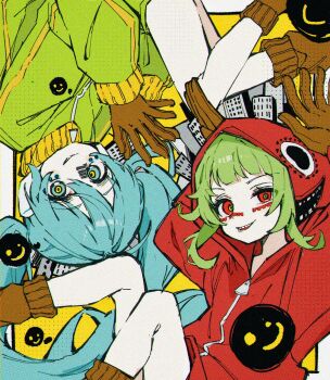 2girls aqua_eyes aqua_hair arms_up blunt_bangs border brown_gloves brown_socks building city cityscape commentary_request facial_mark gloves green_hair green_jacket gumi hair_between_eyes halftone hatsune_miku highres hood hood_up hoodie jacket long_hair long_sleeves looking_at_viewer matryoshka_(vocaloid) multicolored_eyes multiple_girls open_mouth outside_border red_hoodie rotational_symmetry sanye_mitsuyo short_hair smile smiley_face socks teeth track_jacket twintails upside-down very_long_hair vocaloid yellow_background zipper zipper_pull_tab