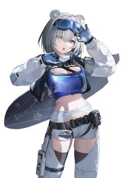1girl absurdres animal_ears arknights arknights:_endfield aurora_(arknights) bear_ears bear_girl black_gloves black_thighhighs blue_eyes blue_gloves breasts commentary commentary_request english_commentary fashi_laizi_weilai gloves goggles goggles_on_head grey_hair highres jacket large_breasts mixed-language_commentary multicolored_gloves navel snowshine_(arknights) solo thighhighs thighs two-tone_gloves white_jacket
