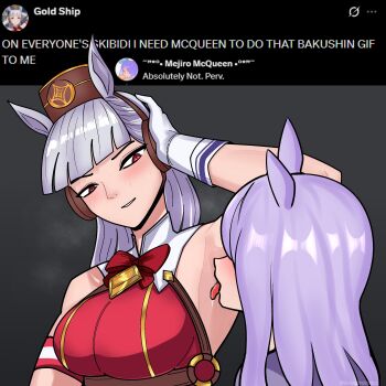 Rule 34 | 2girls, absurdres, animal ears, armpit focus, armpits, bocajrofstra, ear ornament, gloves, gold ship (umamusume), hand in own hair, highres, horse ears, horse girl, licking, licking armpit, mejiro mcqueen (umamusume), multiple girls, purple hair, simple background, smile, sweat, sweatdrop, tag, tweet, umamusume, white gloves, white hair, yuri