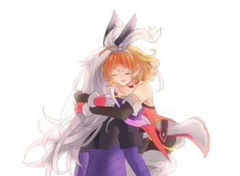 1girl animal_ears artist_request blaster_master_zero blaster_master_zero_2 blaster_master_zero_3 blonde_hair choker closed_eyes grey_hair hair_ribbon hug leibniz long_hair lucia_(blaster_master_zero) ribbon short_hair tagme