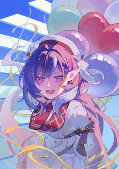 1girl absurdres artist_name balloon beret breasts commentary dress earrings elf elysia_(hi_love_elf)_(honkai_impact) elysia_(honkai_impact) hat heart heart_balloon heart_earrings highres honkai_(series) honkai_impact_3rd jewelry large_breasts lemonacid long_hair looking_at_viewer open_mouth pink_hair pointy_ears purple_eyes shirt skirt smile solo symbol-only_commentary very_long_hair white_dress white_shirt white_skirt