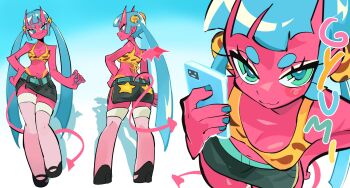 1girl :3 animal_print aqua_eyes ass belt black_shoes black_shorts blue_background blue_belt blue_hair blue_nails breasts cellphone cleavage closed_mouth colored_skin commentary demon_girl demon_horns demon_wings english_commentary from_behind gatchipon gradient_background gyaru hand_on_own_hip highres holding holding_phone horns leopard_print long_hair looking_at_viewer navel orange_shirt original pantyhose phone red_skin reference_sheet shirt shoes shorts small_breasts smartphone star_(symbol) thick_eyebrows twintails very_long_hair white_background white_pantyhose wings
