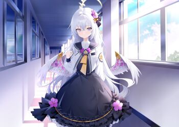 Rule 34 | 1girl, absurdres, arm at side, azusa (blue archive), black dress, black ribbon, blue archive, chcc331899, chinese commentary, closed mouth, cloud, commentary request, crossed bangs, day, dress, expressionless, flower, frilled dress, frilled sailor collar, frills, hair between eyes, hair flower, hair ornament, hair ribbon, hallway, halo, hand up, highres, jacket, long hair, long sleeves, looking at viewer, making-of available, neckerchief, open clothes, open jacket, pink flower, puffy long sleeves, puffy sleeves, purple eyes, ribbon, sailor collar, school, school uniform, sidelocks, solo, very long hair, white hair, white jacket, window, yellow halo, yellow neckerchief