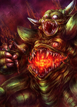 Rule 34 | 2boys, battle, blood, breath weapon, breathing fire, claws, clenched teeth, colored skin, commentary request, death pisaro, dragon quest, dragon quest iv, duel, extra eyes, extra mouth, fire, giant, giant monster, green blood, green hair, green skin, green tunic, hero (dq4), horns, kara (color), lifting person, male focus, monster, monster focus, multiple boys, open mouth, pisaro, powering up, red eyes, sharp teeth, stab, stomach mouth, teeth, third eye, tunic, tusks, zenithian sword