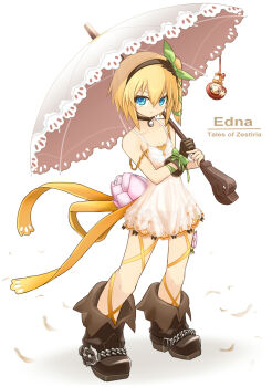 1girl black_choker black_hairband blonde_hair blue_eyes blush boots breasts brown_boots character_name choker cleavage commentary_request copyright_name dress edna_(tales) expressionless full_body gloves hair_ribbon hairband highres karukan_(monjya) leg_ribbon looking_at_viewer md5_mismatch normin_(tales) panties phoenix_(tales) ribbon see-through_clothes see-through_dress short_hair side_ponytail single_glove solo strap_slip tales_of_(series) tales_of_zestiria tress_ribbon umbrella underwear white_dress