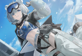 Rule 34 | 1girl, animal ears, arknights, arknights: endfield, aurora (arknights), bear ears, bear girl, belt, belt pouch, blazpu, blue eyes, breasts, bright pupils, cleavage, clothing cutout, commentary, cropped jacket, day, dutch angle, english commentary, gloves, goggles, goggles on head, grey hair, grin, highres, jacket, looking at viewer, midriff, navel, open clothes, open jacket, outdoors, pants, pouch, short hair, sky, smile, snowshine (arknights), solo, thigh cutout, white pants