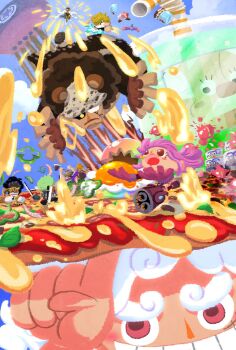 alternate_form attack axe bartholomew_kuma black_hair boat brogy_(one_piece) brown_gloves chibi chili_pepper commentary_request dorry_(one_piece) dr._vegapunk drinking_straw egg food franky_(one_piece) gear_fifth gloves hair_over_one_eye hat helmet highres holding holding_axe ifrit_jambe jewelry_bonney kizaru_(one_piece) monkey_d._luffy one_piece outdoors pink_eyes pink_hair pizza rob_lucci roronoa_zoro sanji_(one_piece) shota_onepiece smile vegapunk_atlas watercraft