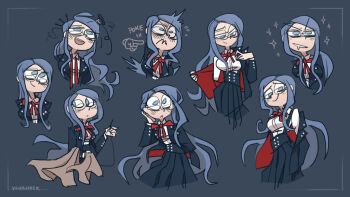 1girl :&lt; angry annoyed black_jacket black_skirt blue_background blue_eyes blue_hair breasts closed_mouth collared_shirt commentary danganronpa_(series) danganronpa_v3:_killing_harmony drooling english_commentary expressive_hair eyelashes flying_sweatdrops glasses jacket long_hair mouth_drool multiple_views neck_ribbon off_shoulder open_clothes open_jacket open_mouth poking red_ribbon removing_jacket ribbon round_eyewear shirogane_tsumugi shirt sidelocks simple_background skirt smile sparkle spool teeth thread upper_teeth_only v-shaped_eyebrows vanripper white_shirt