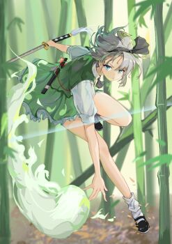 1girl bamboo bamboo_forest black_hairband forest full_body green_skirt green_vest hairband hakugyokurou_no_oojou-sama holding holding_sword holding_weapon katana konpaku_youmu konpaku_youmu_(ghost) nature sheath shirt short_sleeves skirt sword touhou unsheathed vest weapon white_hair white_shirt