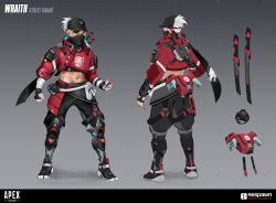 Rule 34 | 1girl, absurdres, apex legends, baseball cap, black footwear, black hat, black pants, black shirt, character name, character sheet, commentary, concept art, copyright name, english commentary, full body, grey background, grey hair, hat, highres, jacket, kuresse bolds, logo, mask, midriff, mouth mask, multiple views, navel, official alternate costume, official art, pants, ponytail, red jacket, respawn entertainment, shadow, shirt, shoes, short hair, sneakers, street smart wraith, sweatpants, sword, weapon, wraith (apex legends)