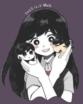 Rule 34 | 1girl, 2boys, alternate eye color, alternate hair color, antenna hair, black eyes, black hair, black nails, black sweater vest, blush, bright pupils, brother and sister, closed eyes, closed mouth, collared shirt, colored skin, commentary request, crossed arms, dated, double-parted bangs, hair between eyes, highres, long hair, mari (headspace) (omori), mari (omori), mini person, miniboy, multiple boys, neckerchief, omori, omori (omori), open mouth, parted lips, purple background, red neckerchief, shirotsume 143, shirt, short hair, short sleeves, siblings, simple background, smile, sunny (omori), sweater vest, translation request, white pupils, white shirt, white skin