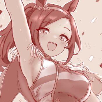 Rule 34 | 1girl, animal ears, bakushin o armpit gif (meme), blush, breasts, brown hair, commentary request, ear ornament, epaulettes, flower in eye, gloves, gold hairband, hairband, horse ears, horse girl, long hair, looking at viewer, lowres, meme, monochrome, open mouth, ponytail, sakura bakushin o (blossom in learning) (umamusume), sakura bakushin o (umamusume), smile, solo, symbol in eye, tachibana nukesaku, umamusume