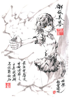 1girl aiming asymmetrical_bangs bag bare_arms briefcase brown_eyes chinese_commentary closed_mouth coin collared_shirt commentary_request cowboy_shot electricity electrokinesis emblem grey_skirt grey_theme hair_between_eyes hair_ornament hairclip holding holding_bag holding_briefcase holding_coin jidao_huashi looking_at_viewer medium_hair miniskirt misaka_mikoto mixed-language_commentary outstretched_arm painting_(medium) partial_commentary pleated_skirt railgun_(misaka_mikoto) school_bag school_briefcase school_emblem school_uniform seal_impression shirt short_sleeves skirt sleeveless sleeveless_sweater solo standing summer_uniform sweater sweater_vest toaru_kagaku_no_railgun toaru_majutsu_no_index tokiwadai_school_uniform traditional_media translation_request v-neck vest