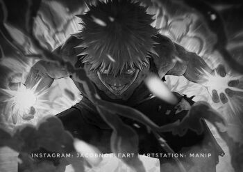 1boy absurdres action bakugou_katsuki boku_no_hero_academia clenched_teeth dust explosion feet_out_of_frame glowing glowing_eyes greyscale highres incoming_attack injury looking_at_viewer male_focus manip monochrome motion_blur muscular outstretched_arms pants short_hair sleeveless smoke solo spiked_hair squatting tank_top teeth torn_clothes torn_pants