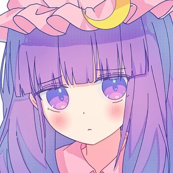 1girl blunt_bangs blush commentary crescent crescent_hat_ornament frilled_hat frills halftone hat hat_ornament long_hair looking_at_viewer mob_cap nene_man patchouli_knowledge pink_hat portrait purple_eyes purple_hair simple_background solo straight_hair touhou white_background