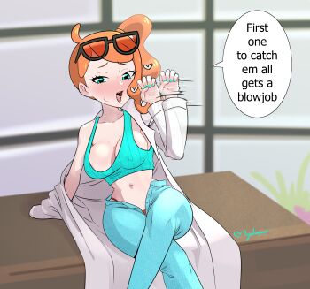 absurdres aqua_shirt blue_eyes blush breasts cleavage covered_erect_nipples crossed_legs denim desk hair_ornament heart heart-shaped_pupils highres jeans lab_coat leaning maho_malice navel nintendo no_bra pants pokemon pokemon_swsh ponytail red_hair shirt side_ponytail sitting sonia_(pokemon) speech_bubble sunglasses sunglasses_on_head symbol-shaped_pupils tank_top thong tongue unbuttoned_pants