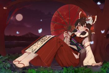 1girl absurdres alternate_costume artist_request blue_butterfly bow brown_hair bug butterfly cloud detached_sleeves floral_print fox_mask frilled_hair_tubes frills full_body full_moon gensokyo_orb geta glowing_butterfly grass hair_ribbon hair_tubes hakurei_reimu highres holding holding_umbrella insect japanese_clothes kimono lake long_hair mask moon mountain multicolored_bow night non-web_source oil-paper_umbrella red_eyes red_kimono red_ribbon ribbon sitting sky socks solo star_(sky) touhou tree umbrella under_tree white_sleeves white_socks wide_sleeves