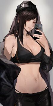 1girl backwards_hat black_hair black_hat black_jacket black_pants breasts casual cleavage crop_top female_focus final_fantasy final_fantasy_vii final_fantasy_vii_remake hat highres holding holding_phone j@ck jacket large_breasts long_hair midriff navel off_shoulder panties pants panty_straps phone smile solo stomach string_panties sweat tifa_lockhart underboob underwear
