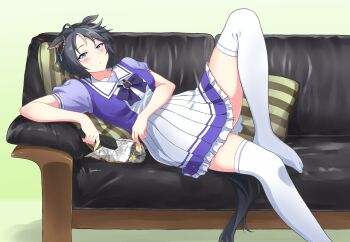 1girl absurdres ahoge animal_ears arm_up bag_of_chips bare_arms black_hair blue_eyes blush bow bowtie chips_(food) closed_mouth commentary_request controller couch ear_ornament ears_down food food_in_mouth foot_out_of_frame frilled_skirt frills fuji_kiseki_(umamusume) grey_hair highres holding holding_controller holding_food holding_remote_control horse_ears horse_girl horse_tail jewelry knee_up lying momihige multicolored_hair on_couch pillow pleated_skirt potato_chips relaxing remote_control school_uniform shirt short_hair short_sleeves skirt snack solo tail thighhighs thighs tracen_school_uniform two-tone_hair umamusume zettai_ryouiki