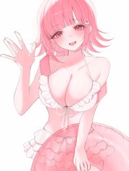 Rule 34 | 1girl, bare shoulders, bikini, blush, breasts, brown hair, cleavage, collarbone, danganronpa (series), danganronpa 2: goodbye despair, flipped hair, galaga, hair ornament, highres, holding, holding swim ring, innertube, large breasts, looking at viewer, medium hair, mikomi00, nanami chiaki, navel, open mouth, simple background, smile, solo, swim ring, swimsuit, white background, white bikini