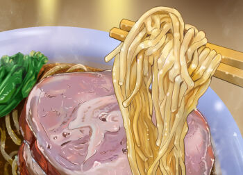 bowl chopsticks commentary_request food food_focus no_humans noodles original pork ramen shikibara_fukka soup vegetable