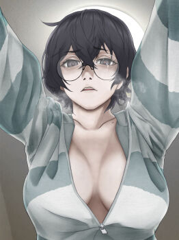 1girl absurdres android assertive_female bedroom black_eyes black_hair breasts breath broken_eyewear camera_eyes cleavage collarbone from_below glasses heavy_breathing highres hood hoodie jimiko large_breasts looking_at_viewer loungewear mole mole_on_collarbone open_mouth original parted_lips pov rob_110101101 round_eyewear solo striped_clothes striped_hoodie tsuzuki_tsuzuri zipper