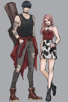 Rule 34 | 1boy, 1girl, animal print, arm tattoo, bare shoulders, belt, black belt, black boots, black choker, black hair, black tank top, boots, breasts, brown boots, choker, clothes around waist, cow print, earrings, full body, grey background, grey pants, guitar case, hair between eyes, hand in pocket, hand on own hip, instrument case, instrument case on back, jewelry, kurokawa karasu, long hair, medium breasts, miniskirt, necklace, original, pants, parted bangs, pendant choker, pink hair, print skirt, red shirt, shirt, shirt around waist, short hair, skirt, tank top, tattoo, tattoo sleeve, torn clothes, torn pants