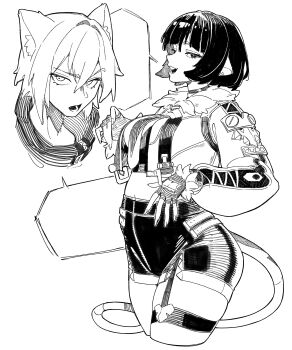 1boy 1girl absurdres animal_ear_fluff animal_ears blank_speech_bubble breasts cat_boy cat_ears cropped_jacket cropped_legs fingerless_gloves fur-trimmed_jacket fur_trim garter_straps gloves greyscale hair_between_eyes highres jacket jane_doe_(zenless_zone_zero) monochrome mouse_ears mouse_girl mouse_tail necktie open_mouth penguinwhodraw seth_lowell shorts simple_background single_garter_strap solo_focus speech_bubble tail thigh_strap zenless_zone_zero