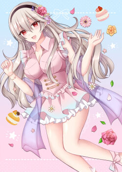 1girl :d alternate_costume bare_arms black_hairband blue_background blush breasts brown_hair cleavage collared_shirt commentary_request dotted_line feet_out_of_frame female_corrin_(fire_emblem) fire_emblem fire_emblem_fates flower food frilled_skirt frills fruit gradient_background hair_between_eyes hairband highres kirishima_riona large_breasts long_hair looking_at_viewer macaron nintendo open_mouth petals pink_background pink_flower pink_rose pink_shirt pink_skirt pleated_skirt purple_flower red_eyes rose see-through_clothes shawl shirt skirt sleeveless sleeveless_shirt smile solo strawberry very_long_hair