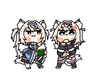2girls :i alicemuyuki animal_collar animal_ears bandaid bandaid_hair_ornament belt bib_collar black_collar black_jacket blonde_hair blue_belt blue_eyes blue_hairband blue_shoes blue_streaks blush_stickers bright_pupils chibi chibi_only collar commentary crop_top cropped_jacket cropped_shirt crossed_bangs dog_ears dog_girl dog_tail double-parted_bangs dress english_commentary fake_horns fishnet_socks fishnet_thighhighs fishnets frilled_shirt_collar frilled_shorts frills full_body fur-trimmed_jacket fur_trim fuwawa_abyssgard fuwawa_abyssgard_(1st_costume) hair_between_eyes hair_ornament hairband hairclip headphones headphones_around_neck highres hololive hololive_english horn_hairband horns jacket kneehighs long_hair long_sleeves looking_at_another looking_at_object mococo_abyssgard mococo_abyssgard_(1st_costume) multicolored_hair multiple_girls over-kneehighs parallel_hairclips pink_belt pink_eyes pink_hairband pink_streaks raised_inner_eyebrows shirt shoes short_dress short_hair short_shorts shorts siblings simple_background single_over-kneehigh single_thighhigh sisters smug socks streaked_hair tail thighhighs twins twintails two_side_up virtual_youtuber white_background white_dress white_pupils white_shirt white_shorts x_hair_ornament