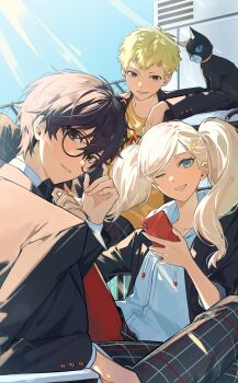Rule 34 | 1girl, 2boys, absurdres, adjusting eyewear, amamiya ren, black-framed eyewear, black cat, black hair, black jacket, blonde hair, blue eyes, cat, cellphone, commentary request, day, glasses, hair ornament, hairclip, hand on eyewear, highres, holding, holding phone, hood, hoodie, jacket, korean commentary, long hair, long sleeves, looking at viewer, mnce o, morgana (cat) (persona 5), morgana (persona 5), multiple boys, one eye closed, open clothes, open jacket, outdoors, pants, pantyhose, persona, persona 5, phone, plaid clothes, plaid pants, plaid skirt, red pantyhose, sakamoto ryuuji, school uniform, shirt, shuujin academy school uniform, skirt, smartphone, t-shirt, takamaki anne, twintails, white hoodie
