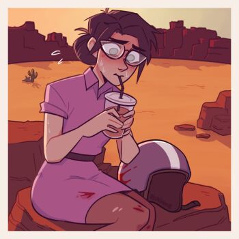 1girl artist_name bicycle_helmet black-framed_eyewear black_hair blood blood_on_clothes blood_on_helmet border cactus collared_dress commentary cup desert disposable_cup dress drinking drinking_straw english_commentary f1shbone flying_sweatdrops glasses hair_bun helmet holding holding_cup messy_hair miss_pauling on_rock outdoors pantyhose purple_dress short_sleeves signature single_hair_bun sitting sky sleeves_rolled_up solo sweat team_fortress_2 thick_eyebrows torn_clothes torn_pantyhose