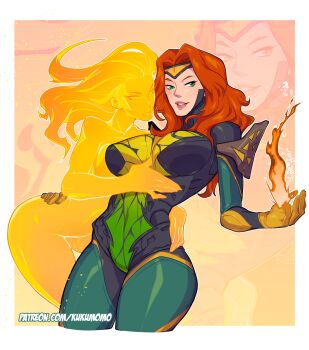 2girls arm_around_waist bodysuit breasts cropped_legs finger_between_breasts green_eyes highres hug jean_grey kukumomo large_breasts looking_at_another looking_at_viewer marvel marvel_rivals multiple_girls paid_reward_available phoenix_(x-men) red_hair smile x-men yuri