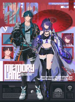 1boy 1girl acheron_(honkai:_star_rail) ahoge aqua_eyes aqua_hair armor asymmetrical_legwear belt breasts buckle chain choker cleavage commission crop_top donburi_rn english_text flame_print full_body gloves hair_ornament hair_over_one_eye helmet highres honkai:_star_rail honkai_(series) jacket jewelry large_breasts leg_tattoo multicolored_hair navel necklace oil-paper_umbrella open_clothes original pants parted_bangs purple_eyes purple_hair second-party_source shirt shoes shorts shoulder_armor single_bare_shoulder strap streaked_hair sword tailcoat tattoo umbrella unworn_headwear unworn_helmet weapon