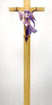 1girl absurdres artist_name bdsm blunt_bangs bondage bound bound_ankles braid bridal_gauntlets closed_eyes closed_mouth commentary_request cross crown_of_thorns crucifixion dated dated_commentary english_text flower flower_ornament genshin_impact grey_background hair_ornament hair_ribbon head_tilt highres humiliation japanese_clothes kimono latin_cross long_braid long_hair long_sleeves mitsudomoe_(shape) mole mole_under_eye off_shoulder outstretched_arms pink_ribbon purple_flower purple_kimono purple_thighhighs raiden_shogun red_sash restrained ribbon sash shade single_braid solo spread_arms stationary_restraints thighhighs thighs tomoe_(symbol) user_wuch4258 wide_sleeves