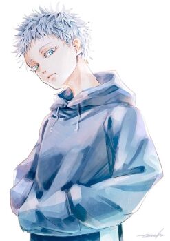 Rule 34 | 1boy, 28cg, aged down, black shorts, blue eyes, closed mouth, cowboy shot, gojo satoru, grey hoodie, hands in pockets, hood, hood down, hoodie, jujutsu kaisen, looking at viewer, male focus, short hair, shorts, simple background, solo, standing, white background, white hair