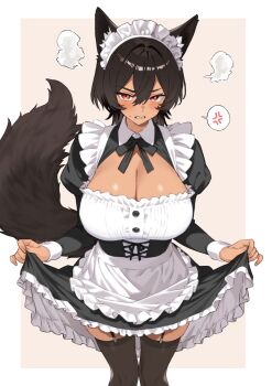 1girl absurdres anger_vein animal_ears apron black_corset black_hair black_skirt black_thighhighs border breasts brown_background cleavage clenched_teeth commentary_request corset dark-skinned_female dark_skin frown garter_straps highres holding_own_skirt hoshoku_club large_breasts looking_at_viewer maid maid_apron maid_headdress medium_hair oogami_itsuki_(takunomi) red_eyes simple_background skirt solo spoken_anger_vein tail takunomi teeth thighhighs waist_apron white_border wolf_ears wolf_girl wolf_tail zettai_ryouiki
