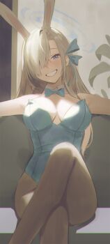 1girl animal_ear_hairband animal_ears asuna_(blue_archive) asuna_(bunny)_(blue_archive) bare_shoulders blonde_hair blue_archive blue_bow blue_bowtie blue_eyes blue_halo blue_leotard blush bow bowtie breasts collarbone crossed_legs detached_collar fake_animal_ears grin hair_over_one_eye hair_ribbon hairband halo highres large_breasts leotard long_hair looking_at_viewer pantyhose playboy_bunny pokoporoko rabbit_ear_hairband rabbit_ears ribbon smile solo very_long_hair