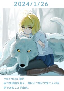 1girl 2024 absurdres animal_ears antenna_hair arcueid_brunestud blonde_hair boots brown_boots buckle_boot crossed_arms dated facing_viewer forest hair_intakes highres kneeling leaning_on_animal looking_at_viewer miniskirt mystic_eyes_of_enchantment nature on_ground pantyhose plaid_clothes plaid_skirt resting serious shiro_464646 short_hair skirt slit_pupils sweater tail tsukihime tsukihime_(remake) turtleneck turtleneck_sweater white_fur white_sweater white_wolf wolf wolf_ears wolf_tail yellow_eyes