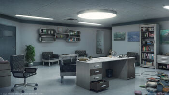 2020 3d artist_name book book_stack bookshelf ceiling ceiling_light chest_of_drawers clothes_hanger desk door drawer highres interior office open_drawer original painting_(object) plant potted_plant scenery shelf surafin table